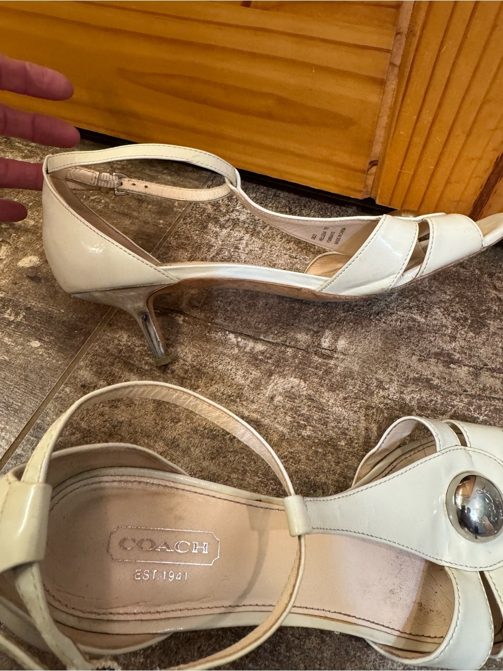 Coach Cream T-Strap Kitten Heeled Sandals with Silver Medallion - Picture 7 of 7